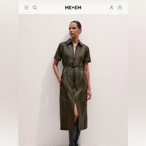 ME+EM Leather Intense Olive Midi Dress w/ Belt-Zip Front Short Sleeve US 8